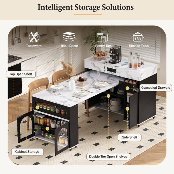 Extendable Extra-Long Folding Dining Table + Rolling Kitchen Island with Drawers, Power Outlet & Brake Lock, Storage Cabinet for Kitchen & Dining Room