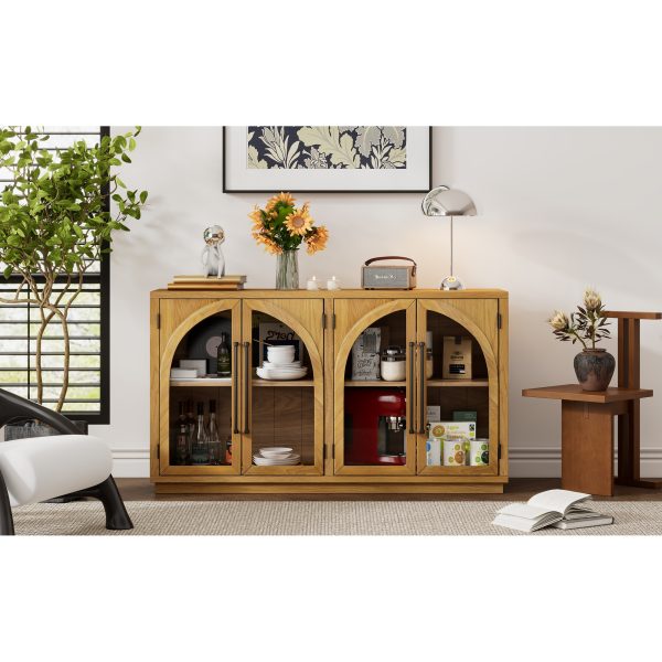 4-Door Large Storage Sideboard Buffet Cabinet with Glass Doors, Arched Design & Adjustable Shelves for Kitchen, Dining Room & Living Room