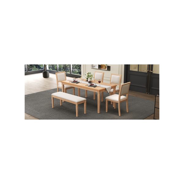 5-177.jpg Vintage Extendable Dining Set for 6 with 4 Chairs & 1 Bench, 59"-72" Rustic Farmhouse Table Set Featuring Distressed Finish & Retro Carved Legs
