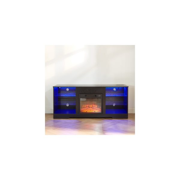 Electric Fireplace TV Stand with 3D Flame, LED Lights, Glass Shelves & USB Charging, Modern Wooden Media Center