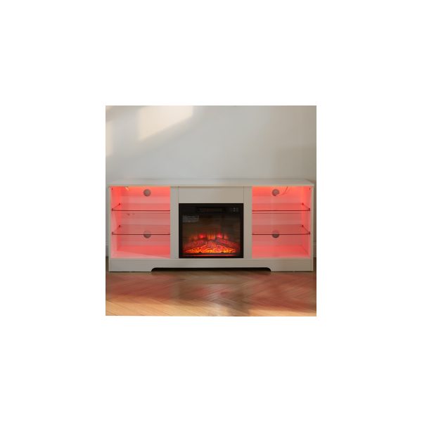 Modern Wooden Electric Fireplace TV Stand with 3D Fireplace, LED Lights, Glass Shelves & USB Charging Port, Media Center Table for TVs