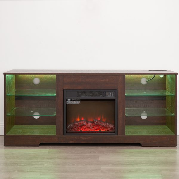 Modern Wooden TV Stand with 3D Electric Fireplace, LED Lights, Glass Shelves & USB Charging Outlet, Entertainment Console for TVs
