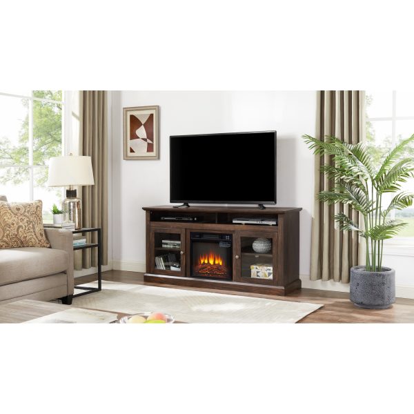 Modern Media Console with 18" Fireplace Insert, Contemporary TV Stand for TVs Up to 65" with Open & Closed Storage