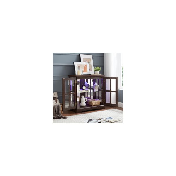 5-206.jpg LED Lighted Curio Display Cabinet with Lattice Doors, Retro Style Storage Bookcase with Adjustable Shelves, Elegant Antique Showcase for Home Decoration & Organization