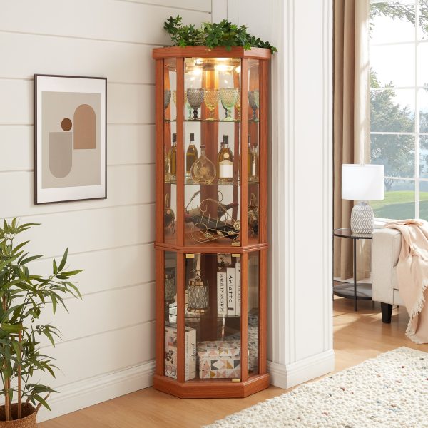 5-208.jpg Lighted Corner Curio Cabinet, Glass Display Case with Included Light for Living Room C Perfect for Antique Collections, Wine & Bar Glass Storage