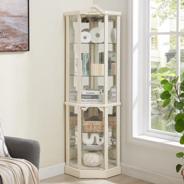 5-214.jpg Lighted Corner Glass Curio Cabinet, Wine & Bar Display Cabinet with Adjustable Glass Shelves & Carved Decor (Light Included)