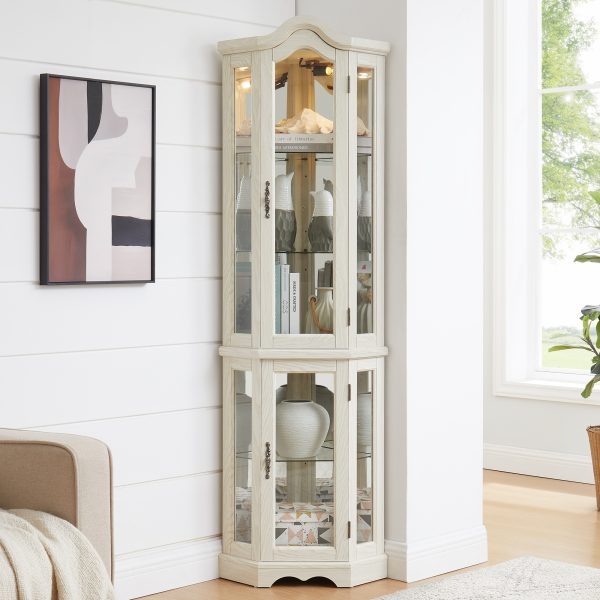 Lighted Glass Curio Cabinet with Tempered Glass Doors & Shelves, Crown-Style Corner Display Cabinet with Bulb Included C Decorative Corner Storage for Living Room & Bedroom