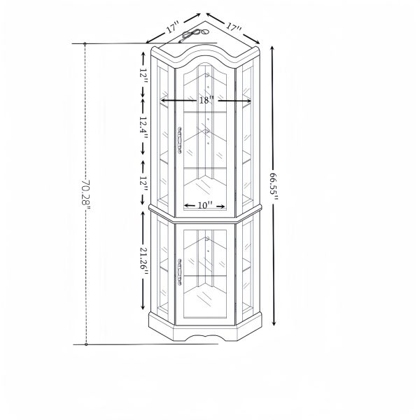 Lighted Corner Glass Curio Cabinet with Tempered Glass Doors & Shelves, Crown?Style Display Cabinet with Built?in Bulb, Decorative Corner Storage for Living Room & Bedroom