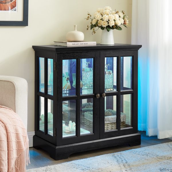 5-225.jpg LED Curio Display Cabinet, Antique-Style Showcase with Adjustable Shelves, Retro Design with Lattice Doors, Elegant Bookcase & Storage Cabinet for Home Decoration & Organization