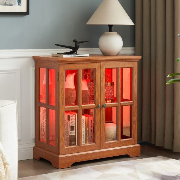 5-229.jpg LED Curio Display Cabinet, Retro Antique Display Case with Adjustable Shelves & Lattice Doors, Elegant Bookcase & Storage Cabinet for Home Decoration and Organization