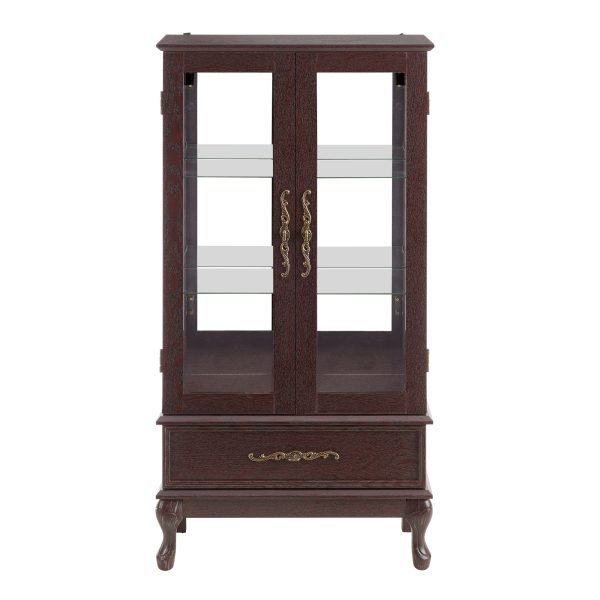 Lighted Glass Curio Cabinet with Adjustable Glass Shelves, 2 Doors & 1 Drawer, Multifunctional Display/Wine Storage Cabinet, Sideboard with Included Bulb
