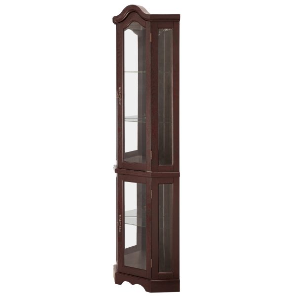 Lighted Corner Curio Cabinet with Tempered Glass Doors & Shelves, Elegant Dark Oak Finish Display & Storage Cabinet for Living Room & Bedroom Decor