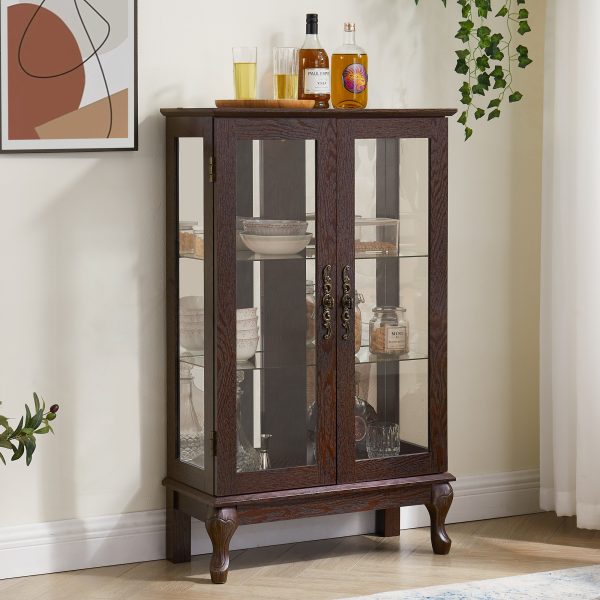 5-234.jpg 2-Door Curio Display Cabinet with Tempered Glass Doors, Mirrored Back Panel & Adjustable Shelves, Lighted Showcase with Bulb Included for Home & Office