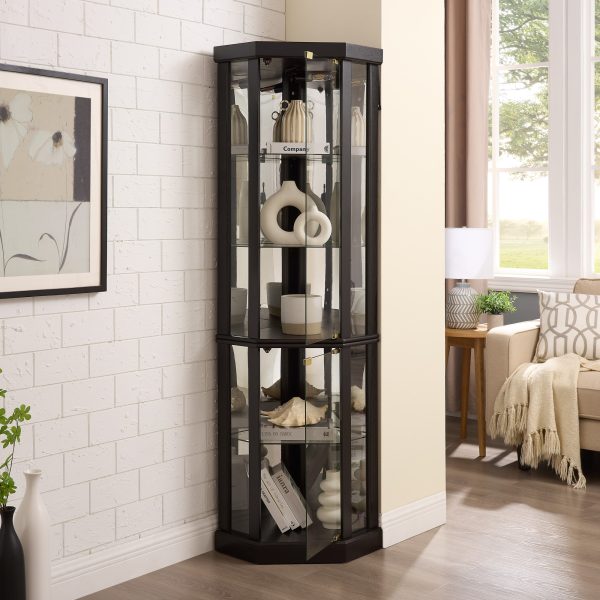 5-235.jpg Lighted Corner Curio Cabinet, Elegant Glass Display Case for Living Room & Bar Storage, Ideal for Antique Collections and Wine Display with Built-in Lighting