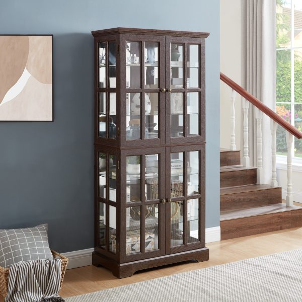 5-245.jpg Vintage Curio Display Cabinet with 4 Glass Doors & Adjustable Shelves, Antique Style Showcase for Collectibles, Home & Office Display Case with E26 Bulb Included