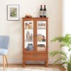 5-251.jpg Lighted Glass Display Cabinet with 2 Doors & 1 Drawer, Adjustable Glass Shelves, Multifunctional Glass Wine Curio Cabinet, Bulb Included