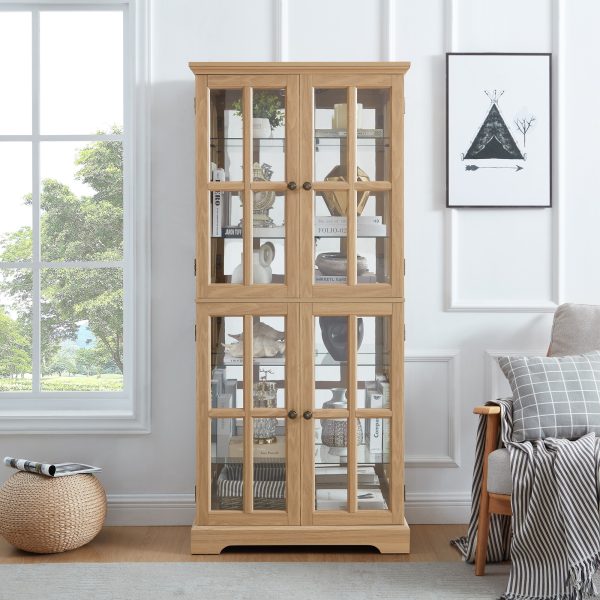Antique Curio Display Cabinet with 4 Glass Doors & Adjustable Shelves, Vintage Showcase for Collectibles, Suitable for Home & Office Use, E26 Bulb Included