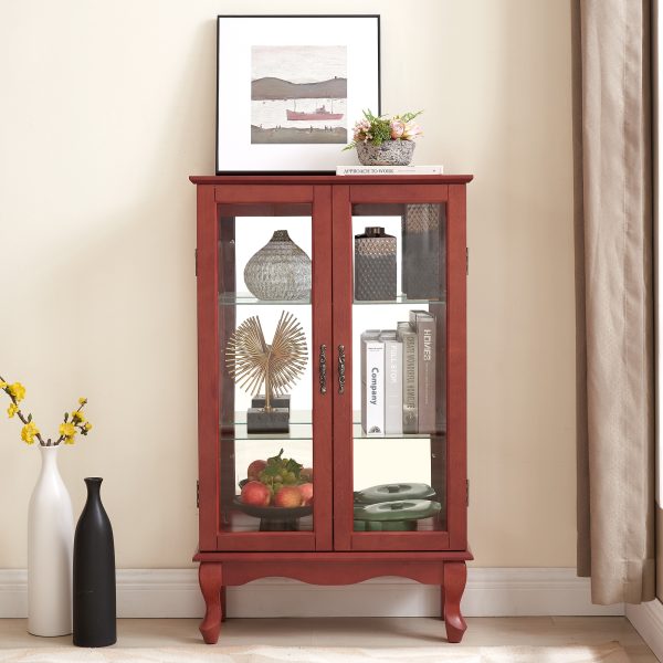 2-Door Curio Cabinet with Tempered Glass Doors, Mirrored Back Panel & Adjustable Shelves, Lighted Display Cabinet for Home and Office, Bulb Included