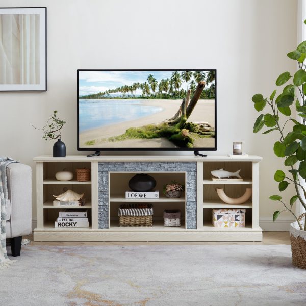 5-259.jpg Large TV Media Entertainment Stand with Faux Stacked Stone Surround, Media Console Table and Spacious Storage Cabinet