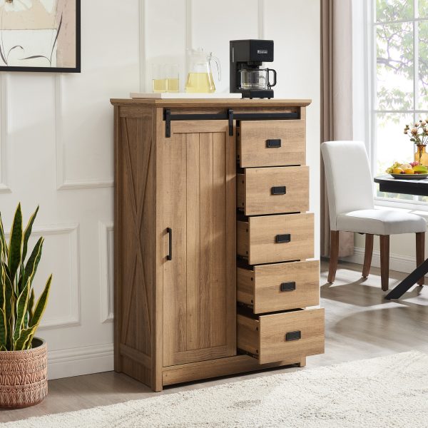5-268.jpg 5-Drawer Dresser with Sliding Barn Door, Farmhouse Modern Tall Chest of Drawers, Multi-Purpose Storage Organizer for Bedroom, Hallway, Living Room & Kids Room