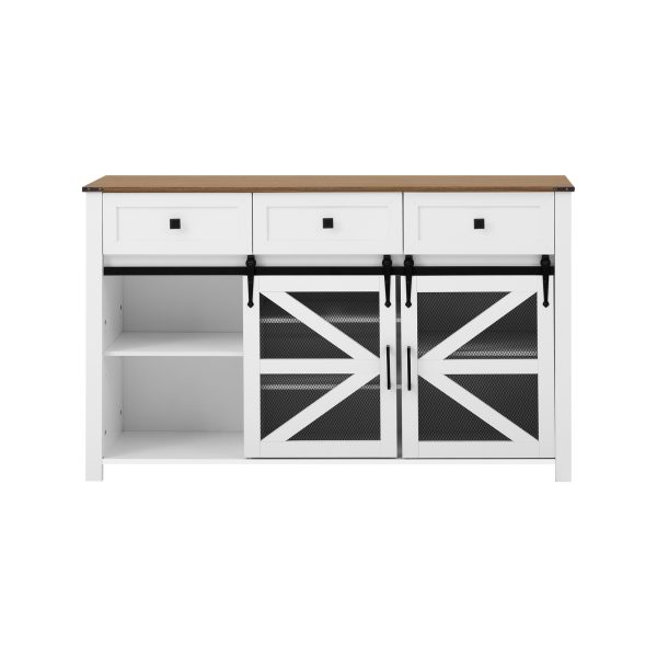 55'' Industrial Sliding Barn Door Sideboard Buffet Cabinet - 3 Drawers, Adjustable Shelves, Metal Mesh & Particleboard Doors, Aluminum Handles, Ideal for Living Room & Dining Room Storage