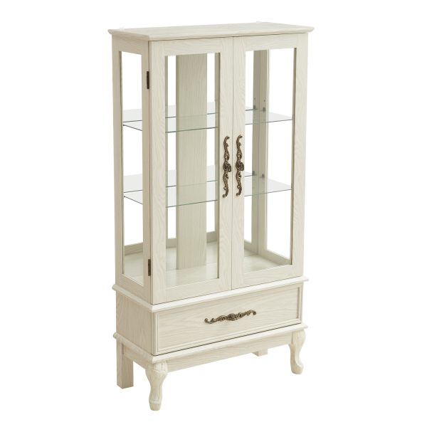 Lighted Curio Cabinet with Adjustable Glass Shelves, 2 Doors & 1 Drawer, Glass Wine Cabinet & Sideboard with Bulb Included