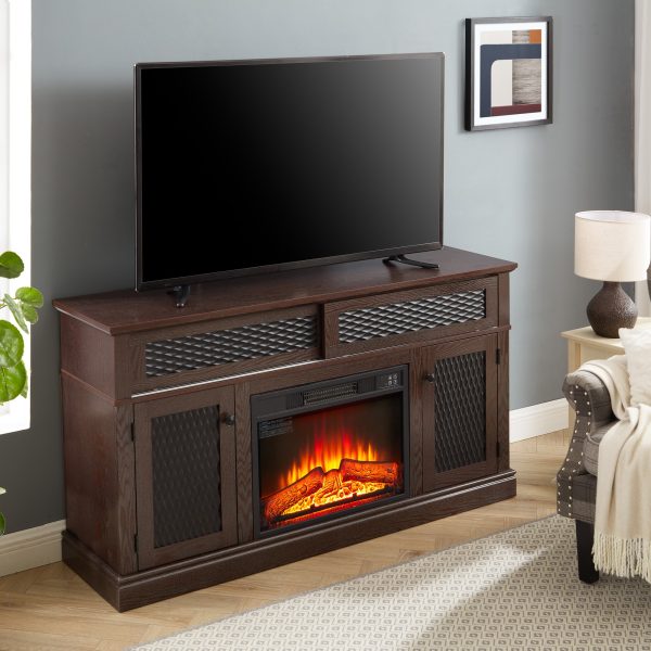 Embossed Pattern TV Stand with 23" Fireplace Insert, Media Console with Open & Closed Storage & Sliding Door for Living Room & Bedroom