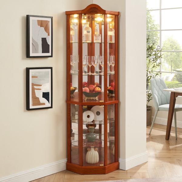 5-282.jpg Lighted Corner Glass Curio Cabinet with Carved Decoration, Wine & Bar Cabinet Featuring Adjustable Glass Shelves & Included Bulb