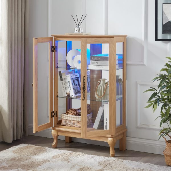Elegant Light Oak Curio Cabinet with Tempered Glass Doors, LED Lighting, Mirrored Back & Adjustable Shelves, Ideal Display Storage for Home & Office