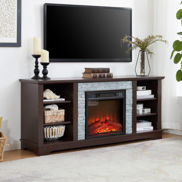 5-287.jpg Mantel Electric Fireplace TV Media Stand with Faux Stacked Stone Surround, Modern Entertainment Console with Open Storage & 18" Fireplace Insert