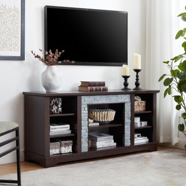 5-288.jpg TV Media Stand with Faux Stacked Stone Surround, Modern Entertainment Console Featuring Open Storage