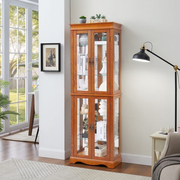 Lighted Glass Curio Display Cabinet with Wooden Frame, Glass Storage & Wine Cabinet, Toy Display Case for Living Room, Kitchen & Pantry C Bulb Included