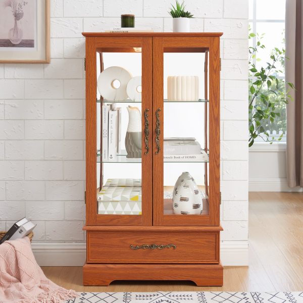 Lighted Glass Curio Display Cabinet with Adjustable Glass Shelves, 2 Doors & 1 Drawer C Light Bulb Included