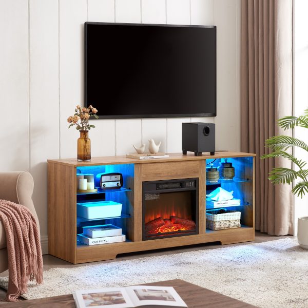 5-301.jpg Modern Electric Fireplace TV Stand with 3D Fireplace, LED Lights, Glass Shelves & USB Charging Port