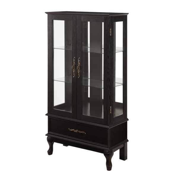 5-303.jpg Lighted Curio Cabinet with 2 Glass Doors, Adjustable Shelves & Drawer - Light Black Finish, Wine Display & Home Storage Decor