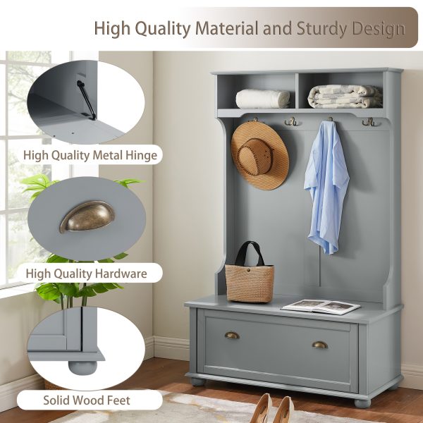 5-307.jpg Modern Classic Hall Tree with Coat Hooks & Shoe Storage Bench, Entryway Organizer with Open Shelves and Shoe Cabinets