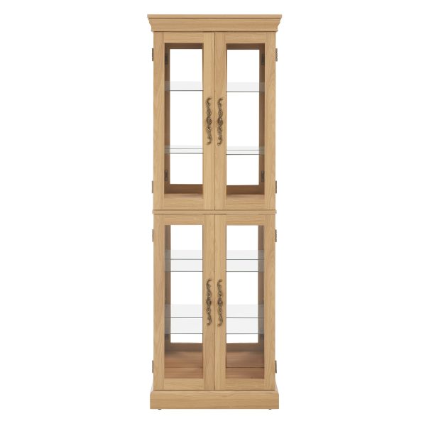 Lighted Glass Curio Cabinet with Wood Frame, Multifunctional Storage for Wine, Toys & Home Decor (Bulb Included)