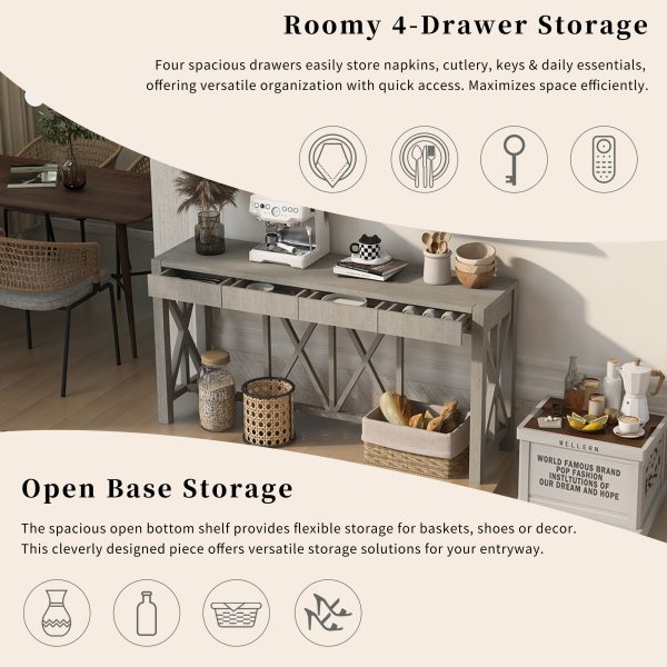 5-46.jpg 60'' Acacia Veneer Console Table with 4 Spacious Drawers, Modern Crisscross Design Entryway Table with Open Bottom Storage, Farmhouse Sofa Table for Living Room, Kitchen, Dining Room & Hallway