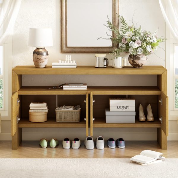 5-85.jpg 60" 4-Door Modern Minimalist Sideboard with Solid Wood Veneer & Open Shelf, Natural Wood Grain Storage Console for Living Room, Hallway & Dining Area
