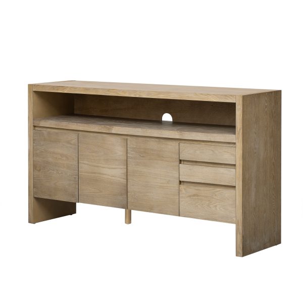 60" 3-Door 3-Drawer Sideboard C Modern Ash Veneer MDF Storage Cabinet with Semi-Open Shelf & Semi-Circular Back Cutout, Spacious Cabinet for Living Room, Hallway & Dining Area