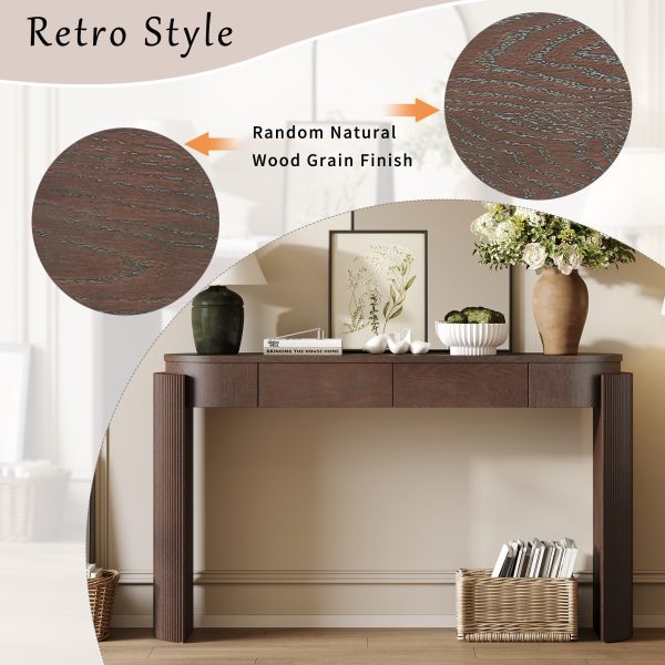 Natural Wood Grain Entryway Console Table with Fluted Design, Oval Top & 2 Drawers for Hallway & Living Room
