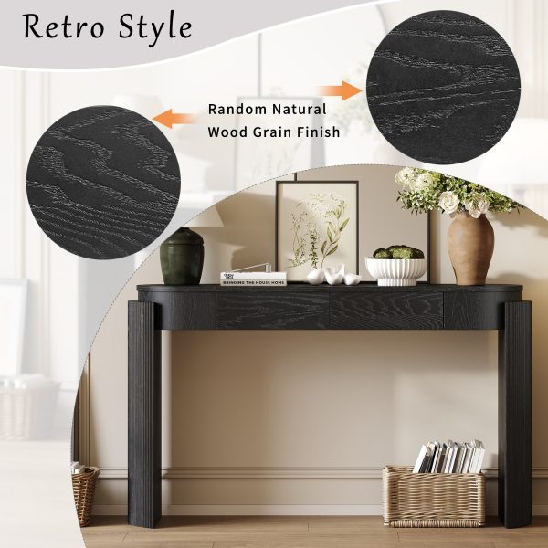 Natural Wood Grain Entryway Console Table with Fluted Design, Oval Top & 2 Drawers for Entryway & Living Room
